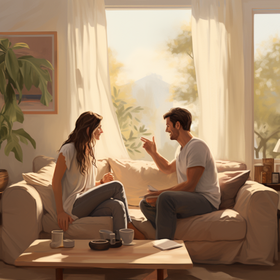 A cozy living room setting where a couple is having a deep conversation