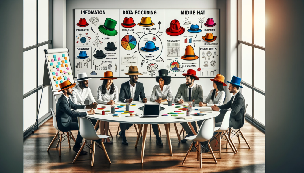 A creative workspace where a team is using the Six Thinking Hats method