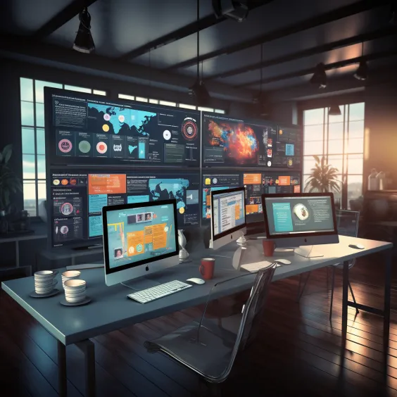 A digital marketing workspace with screens displaying social media