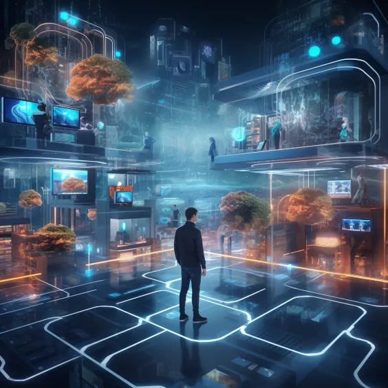 A futuristic digital transformation scene with advanced technology like AI