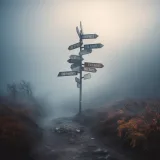 An image of a foggy and ambiguous path with multiple directional signs