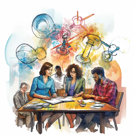 Create an image depicting employees from diverse backgrounds collaborating to generate innovative ideas and solutions