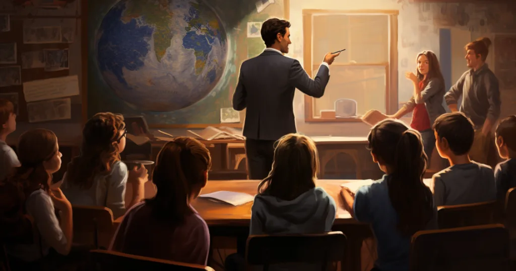 A conceptual image of a classroom scene where a teacher fosters students' intrinsic motivation without relying on external rewards