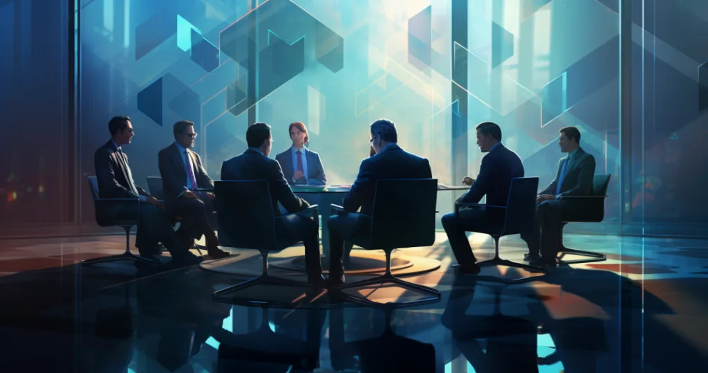 A scene depicting a leader discussing openly with their team, with visual elements representing transparency and ethics