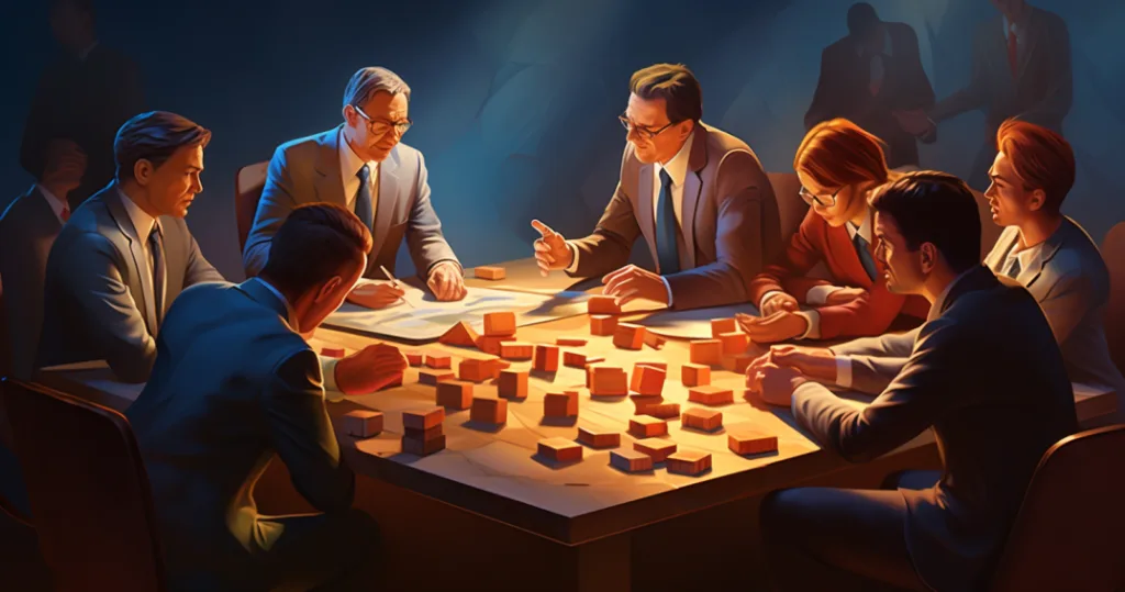 A scene depicting a leader in a trust-building activity with their team
