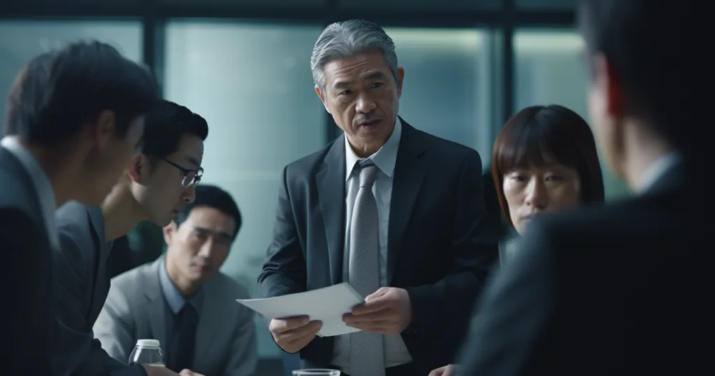 A scene depicting a senior employee mentoring a group of new recruits in a traditional Japanese corporate setting
