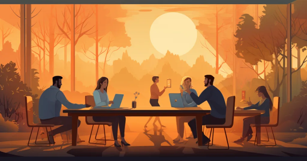 An illustration showing a peaceful and productive workplace environment where employees work together harmoniously