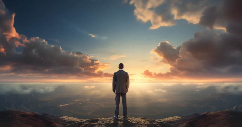 An image depicting a forward-looking scene with a leader gazing towards the horizon
