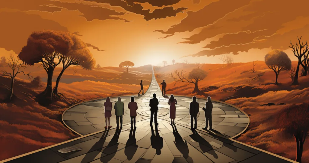 An image depicting a group of people standing at a crossroads