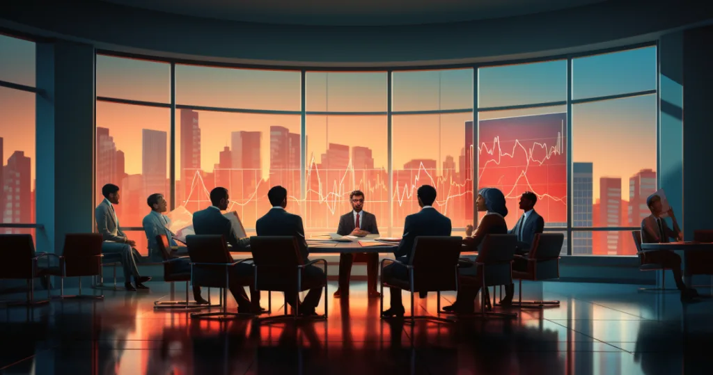 An image depicting a tense meeting room where a crisis management team is facing a challenging situation