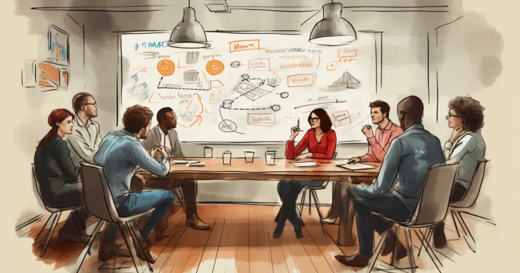 An image illustrating a feedback session, with a group of people discussing around a table
