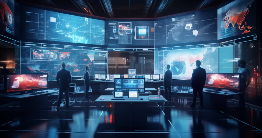 An image of a high-tech crisis management center using advanced technologies like AI and big data analytics